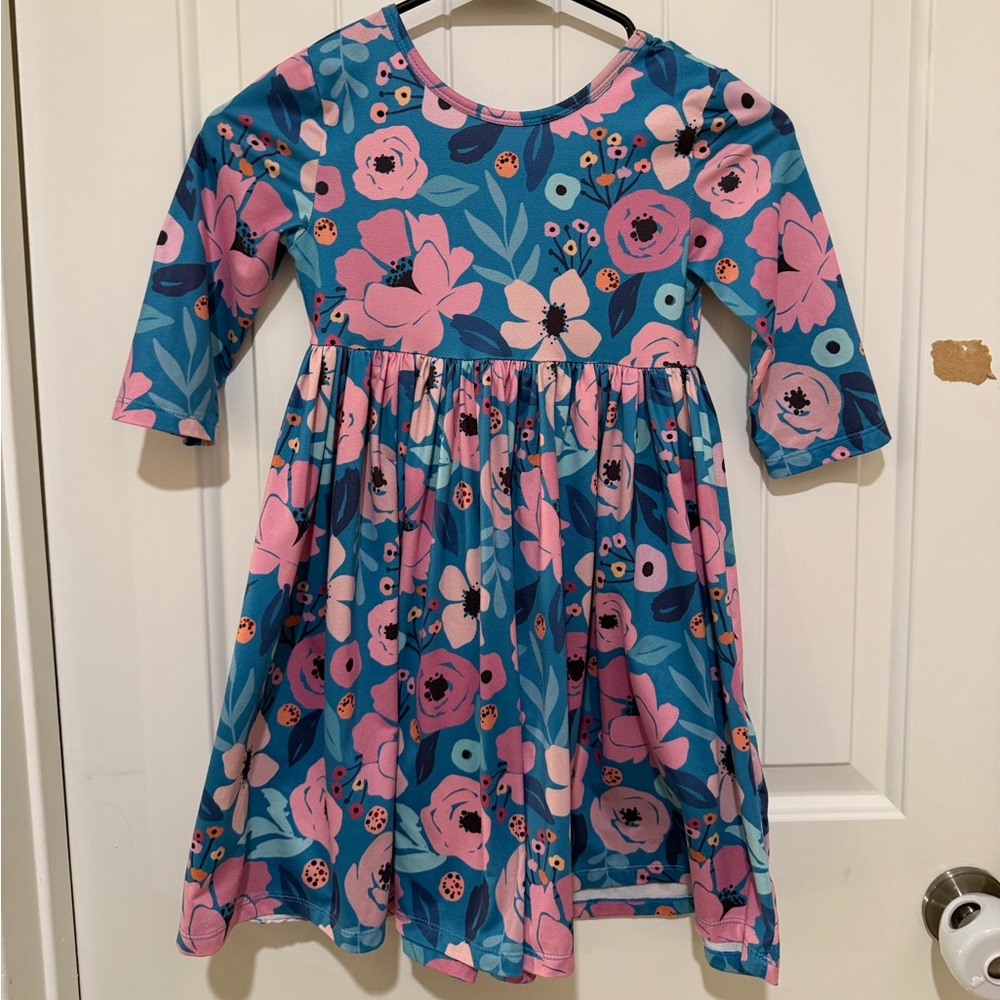 Vibrant Floral Kids Dress in Blue and Pink